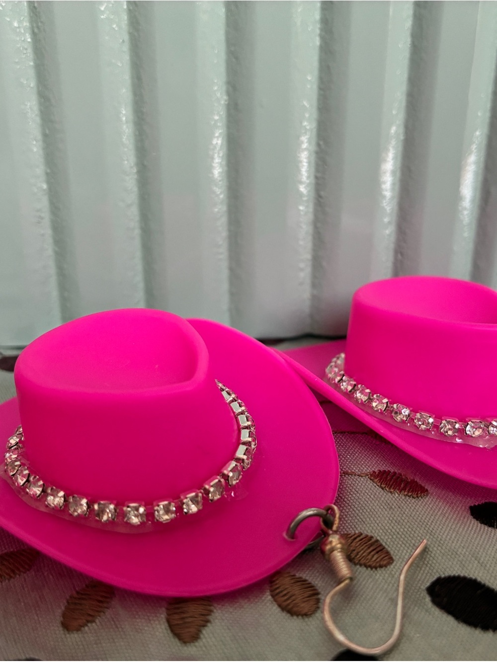 Hot Pink Rhinestone Cowboy Hat Earrings - Women Accessories